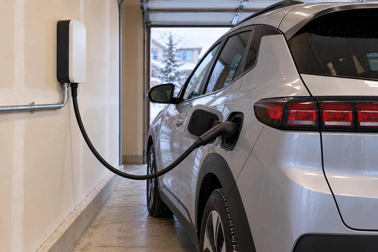 A wall-mounted EV charger connected to a car in a Canadian residential garage