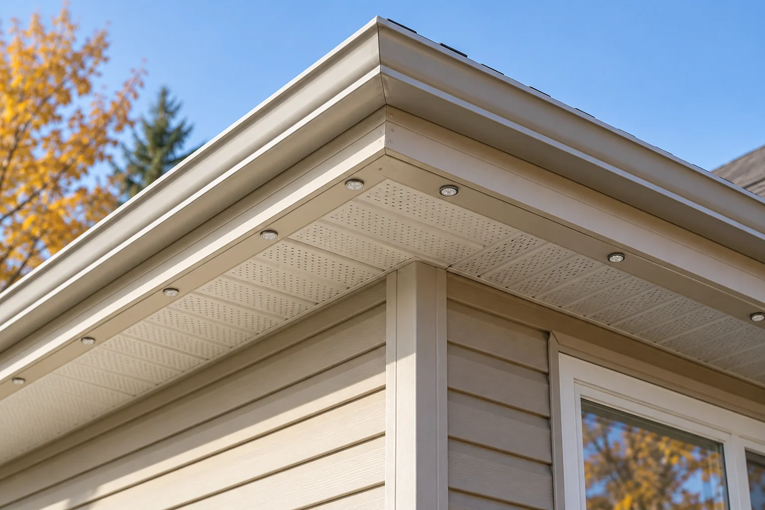 Colour-matched permanent lighting track and unlit LED pucks beneath a Canadian home’s eaves