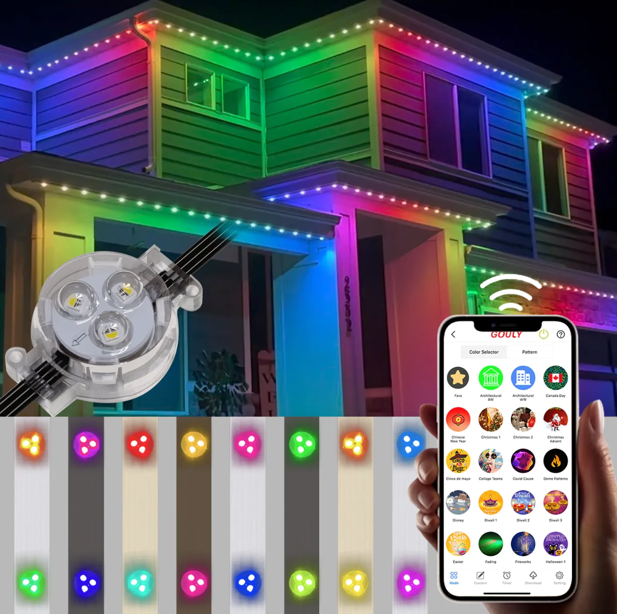 Permanent roofline lighting product and app controls