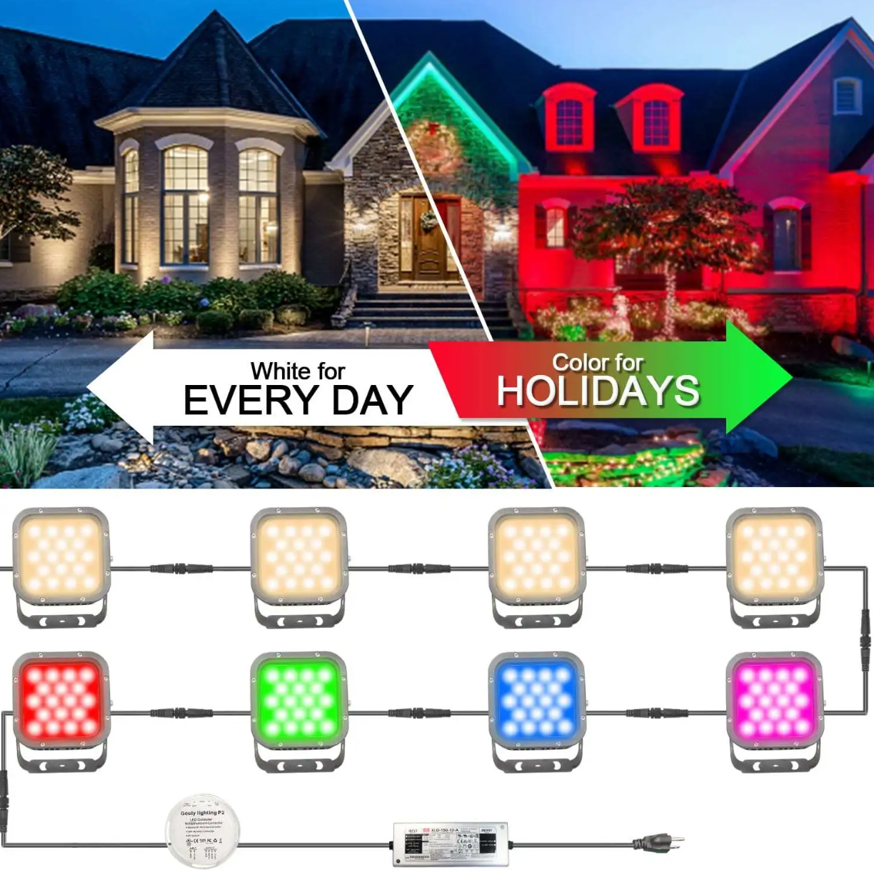 Outdoor lighting products with white and holiday colour settings