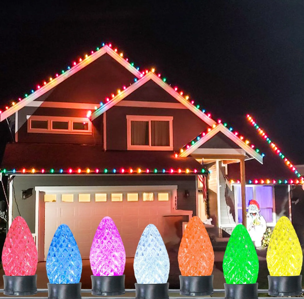 Decorative Christmas bulb lights along a house roofline